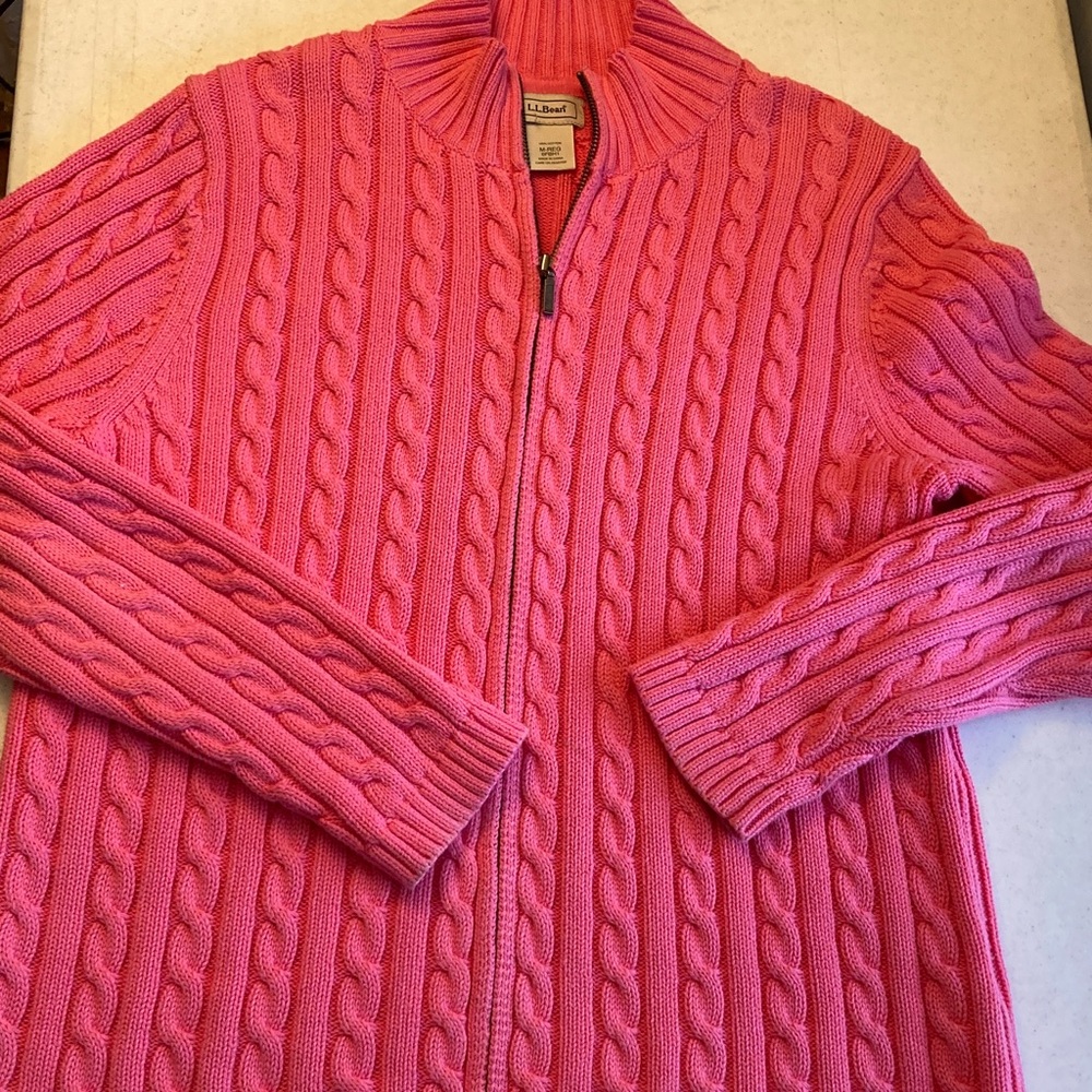 L.L. Bean Pink Cable-Knit Zip-Up  Cardigan Sweater